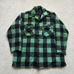 Vtg Buffalo Plaid Wool Jacket Mens Green Black Flannel Coat 50s 60s Outdoor Fade